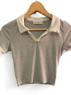 Taupe Ribbed Polo Crop Top with White Trim